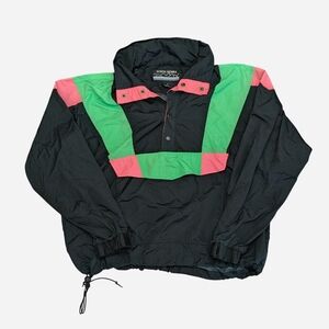 Vintage 80s/90s White Sierra Men's Windbreaker, Black With Neon Green And Pink